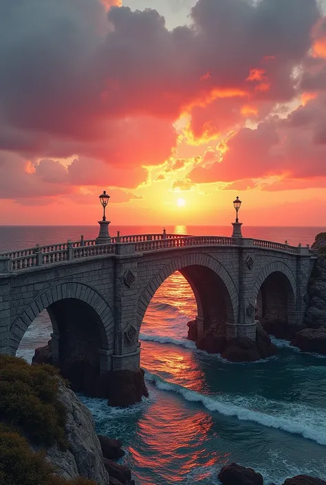 Create a stone bridge with a point of view on it and have ocean sunset