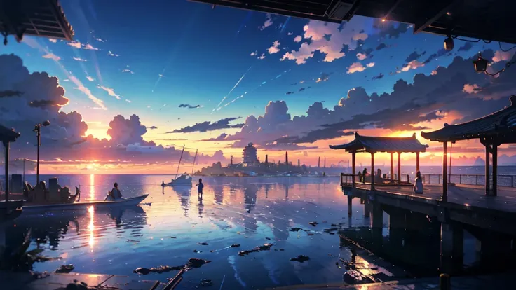  High Quality Masterpiece  ，landscape，Reflector。 Works by Makoto Xin Haicheng,  beautiful anime scene , anime landscape, Detailed landscape ,  Animation of a train running over  , Makoto Shinkai style，Blue Sky,morning, Photo Elements  　Seaside　pier　 casual...