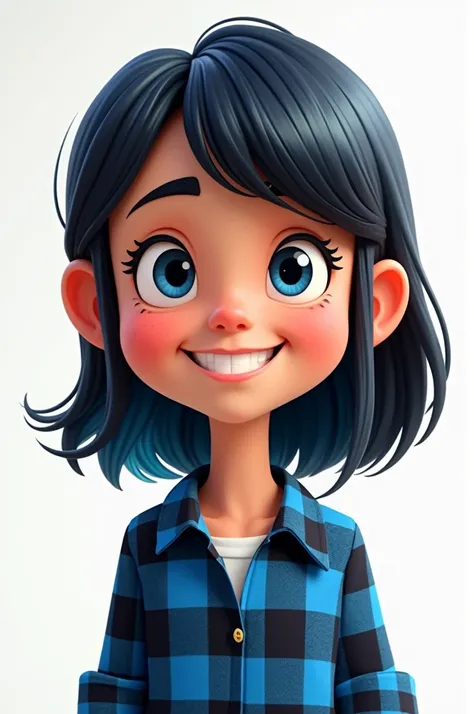 A cartoon character with straight black hair with blue highlights wearing a blue and black plaid shirt with a smile