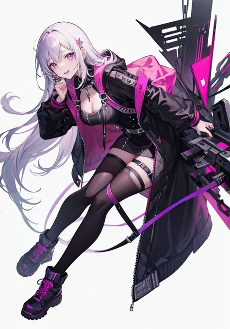 (  cyberpunk ),((Gothic Punk))Adult female, Alone, smile,   open your mouth slightly , (Long Hair),   purple eyes, Pink Eyes, ((   body harness  )),  oversized jacket , One Piece Dress, white simple background, Setting diagram, (  white simple background),...