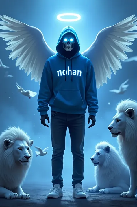 ethereal, hooded figure with skeleton features, glowing blue eyes, wearing a blue hoodie, black jeans and white shoes, and black mask angelic wings walks with two white lions, both with glowing eyes. The figure wears a hoodie with an ‘MOHAN’ and has a halo...