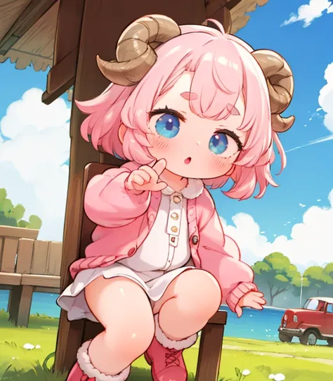 (Best Quality,  Hi-Res, Super detailed),  1 very young girl，sheep，Pink fluffy hair(sheep毛), Pink Hair, Fluffy hair,  thick eyebrows,  pink dress ,  sky blue cardigan , Brown boots， with a playful gesture ，