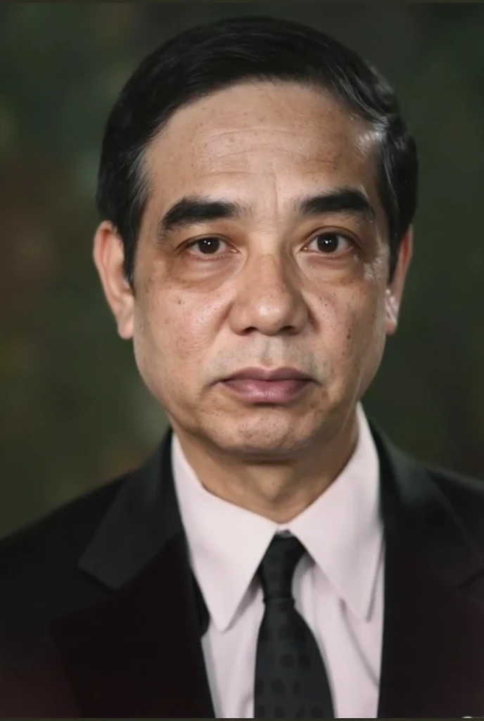 Raw photo,Masterpiece, high quality, best quality, authentic, super detail, pictue color,
black hair, Vietnamese man, The image is a formal portrait of an adult man with a serious expression. He has short, dark hair and thick eyebrows. His facial features ...