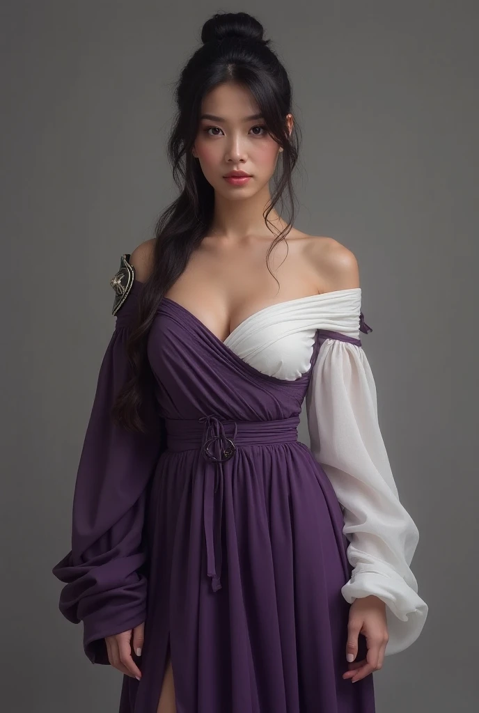 Robe  sexy off shoulder pour femme, avec une petite touche kimono japonaise à manche un peu courte, avec un petit morceau de bouclier sur lépaule droite de la robe. Couleur autour de violet et blanc.