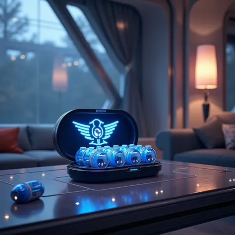  Anime style.  Injectable capsules with the symbol of a blue ray,  inside a small mass effect-style case , on a table in a living room of a ship  