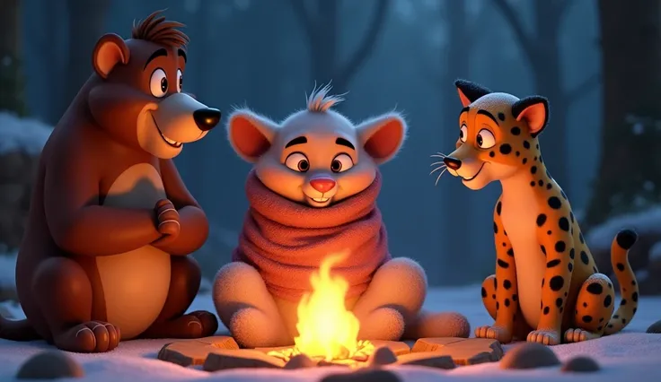 Moogly   shivering in the cold: Moogly, with his blanket wrapped tightly, shivers as he talks about the cold to Baloo and Bagheera. Both animals look amused but understanding, with the fire crackling beside them.
3D cartoon style
