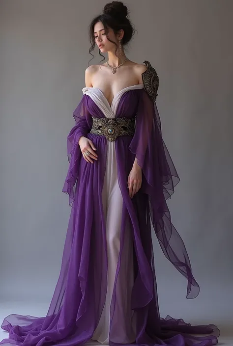 Robe  sexy off shoulder pour femme, avec une petite touche kimono japonaise à manche un peu courte, avec un petit morceau de bouclier sur lépaule droite de la robe. Couleur autour de violet et blanc.