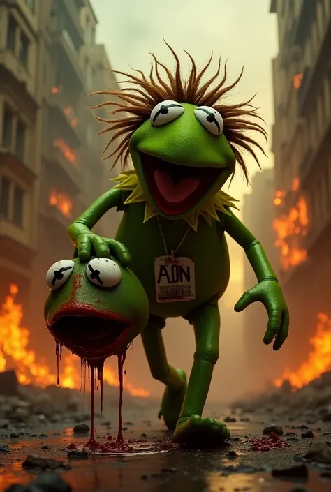 Madly muppet with bloody head of kermit in his hands walking through the streets while buildings are burning in the background and a label with the letters AON on it.