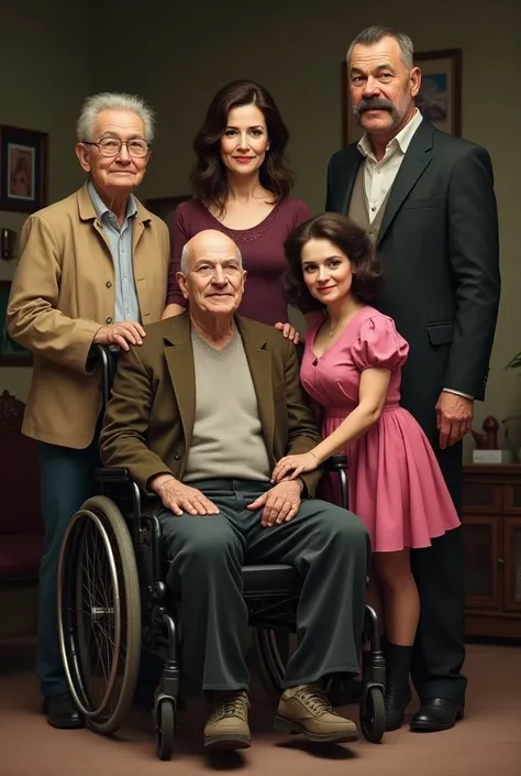 A family picture with a older man without limbs in a wheelchair, his also elderly wife, their alcoholic sonwjo is around 30, their daughter who loves pink and is a whitch who is around 23, her fiancé, an tall lanky inspector with a hat an a moustache and a...