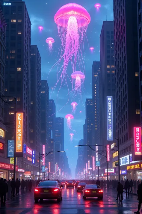 Imagine a bustling cityscape at twilight, where the neon lights from skyscrapers and street signs begin to float into the sky, transforming into glowing, colorful jellyfish. The jellyfish drift upward, illuminating the darkening sky with soft, radiant hues...