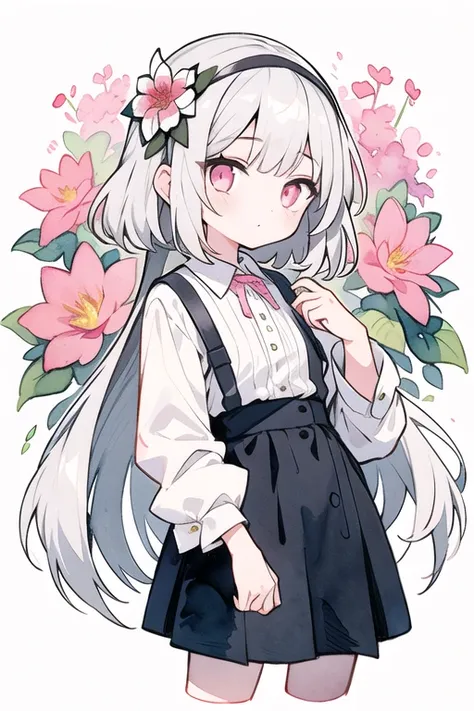 masterpiece, Best Quality,  1 girl,  white long sleeve shirt, Grey Hair、There is mesh in the hair、 Half Up、Pink Eyes, Flower Headband、watercolor ( medium)