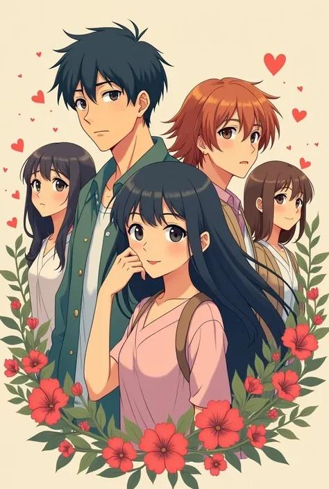 An anime poster with a senior high school girl protagonist with a male deuteragonist with other side characters (2 male 2 female, plus they should be in a school uniform and look like young adults) SHOULD have a title "Tapestry of Love." Poster design shou...