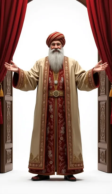 Welthy Turkish man aged 60 in expensive national clothing with hand guesture welcomes guests to entry to banquet hall. White background.