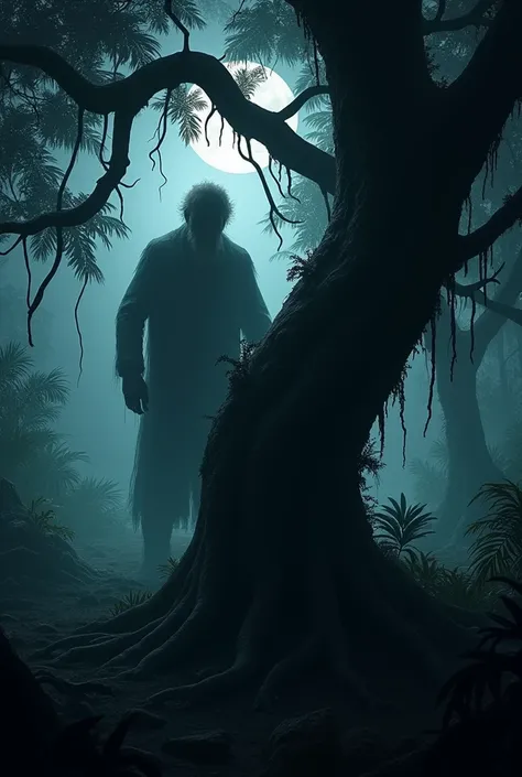 In the night in jungle shadow of  old man ghost behind tree make it horror 