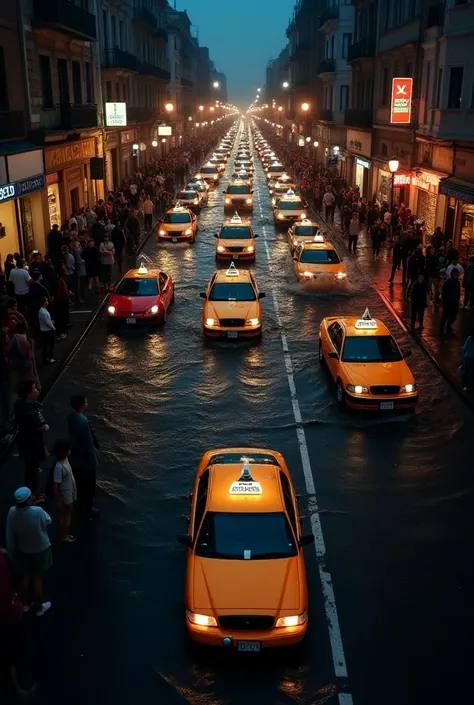 A swamped street filled with young people by the pavement waiting for their cabs. Some are already inside the cab, some cabs are coming, some are leaving. It is all viewed from a top angle. It is a night time. 