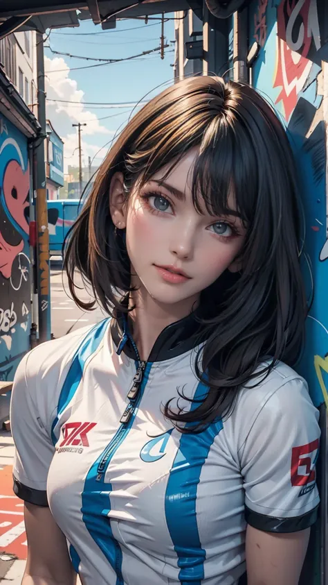 (Best Quality), masterpiece,  Extremely Detailed CG Uniform 8K Illustration , High collar, extremely High collar saturation,  All colors have deepened , paint,  graffiti art , Central composition, Extremely Detailed Light and Shadow , Graffiti wall, wall p...