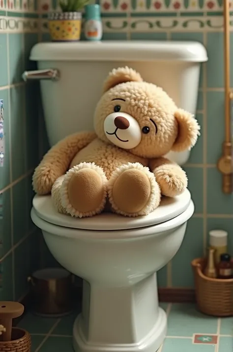 Teddy bear sleeps in the toilet