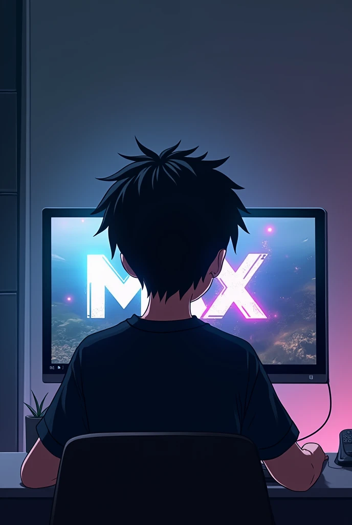 A anime character boy in black shirt infront of computet watching logo of freefire max game