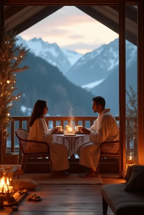 Please create a romantic atmosphere in a chalet with a fireplace and a couple having breakfast on the balcony after their night of love and he and she are dressed in a very sexy robe