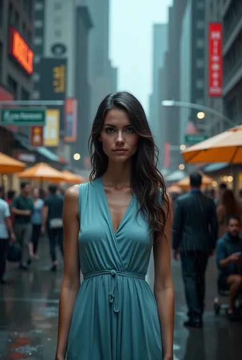 Une rue animée à New York,une femme de 27 ans , belle, en forme, taille moyenne, yeux marrons qui brille, en robe bleue ciel debout , lair sérieux, sous la pluie, le ciel sombre et lenvironnement humide, réaliste 