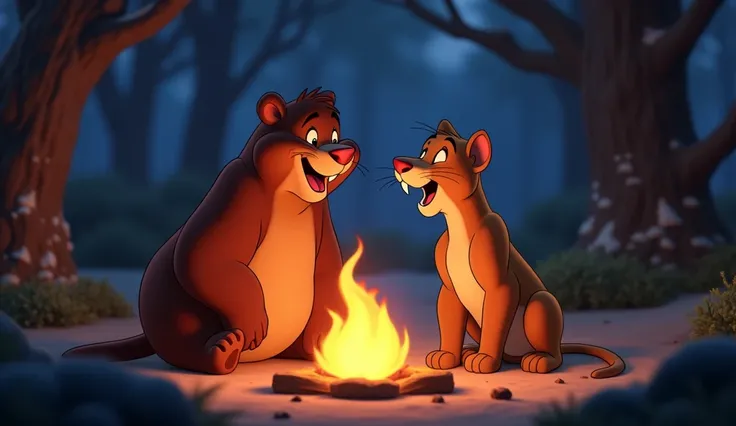 4. Baloo and Bagheera laughing together: Baloo and Bagheera share a warm laugh around the fire, with friendly expressions as they talk about being well-prepared for the cold.

3D cartoon style