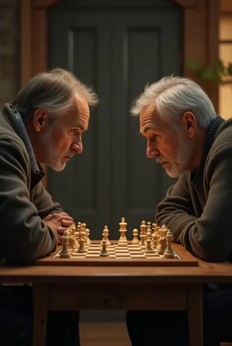 Two  adults  playing chess
 image must be realistic  not artificial 