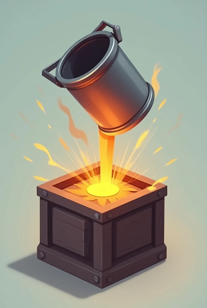 Generate an icon of  metal bucket with handles attached on two sides tilted and pouring hot liquid metal into a small circular hole in corner of a cuboidal box, make the smoke and fire sparks coming out of it, make the icon in digital art style using solid...