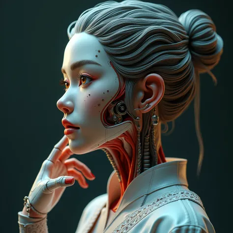 character sheet,  ultra-detailed complex 3D rendering with a porcelain profile of a Vietnamese character, the most beautiful studio soft light , rim lighting, bright details, lace, hyperrealistic, hand,  facial muscles , electrical wires, microchip, elegan...