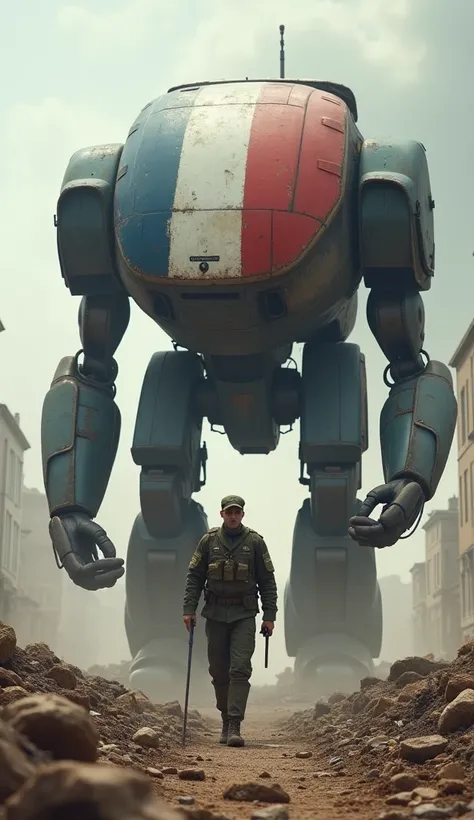 Soldier from France marching with a giant blue, white, and red robot as a companion, following closely behind. Realistic