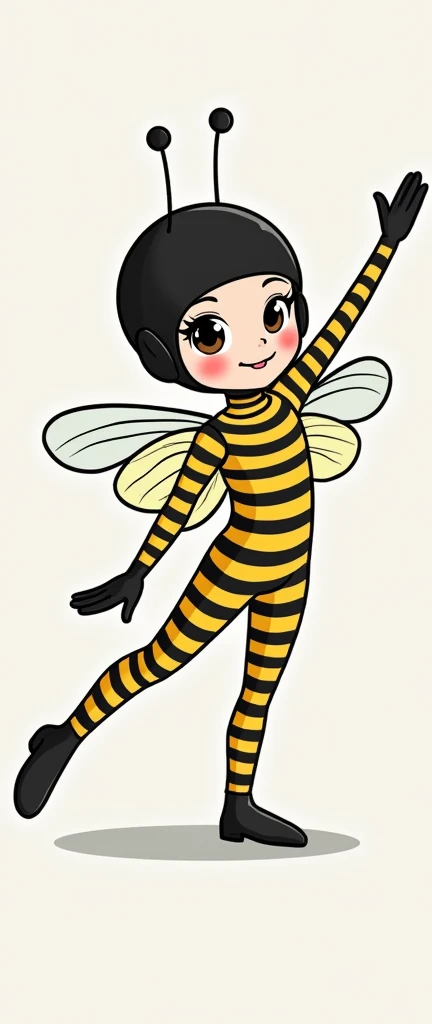 {A beautiful asian thirty one years old Chinese woman girl wears black bee lycra dancewear long sleeved turtleneck unitard catsuit covered with large seamless yellow bee stripes.She has a pair of bee wings.She wears black dancewear lycra elastane swimming ...