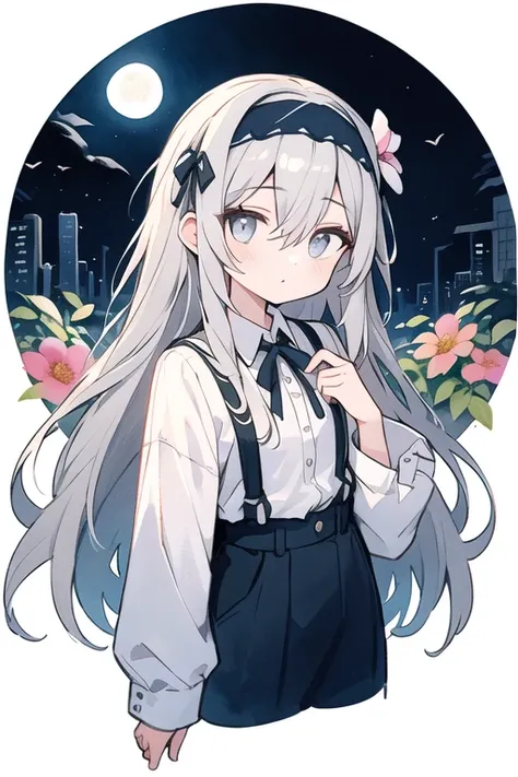 masterpiece, Best Quality,  1 girl,  white long sleeve shirt, Grey Hair、There is mesh in the hair、 Half Up、Eyes of the Night, Flower Headband、watercolor ( medium)