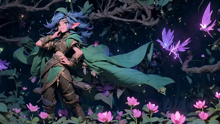 Female forest gnome, young, short stature, skinny, small, short blue hair, elf ears, purple eyes, large hips, large breasts, organic green armor, purple cloak, white harem pants, glowing magic sword, fantasy, fighting pose, full body, surounded by fairies,...