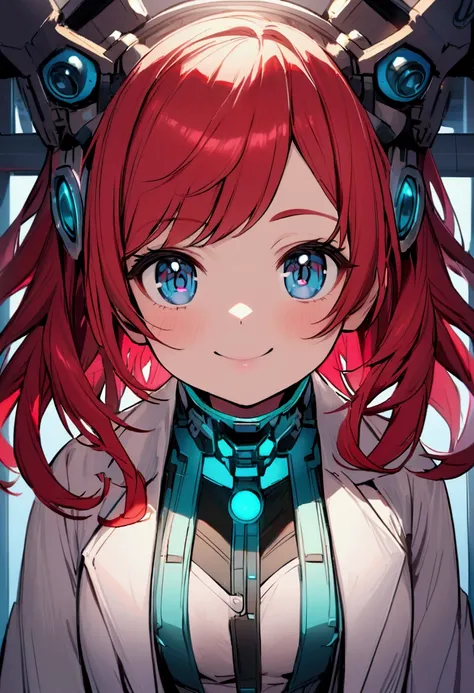  Beautiful girl with short red hair and blue eyes.  Shes wearing a white science coat  . Shes in the lab  .  We look at the viewer with a sweet little smile  . Her cheeks are a little red  .