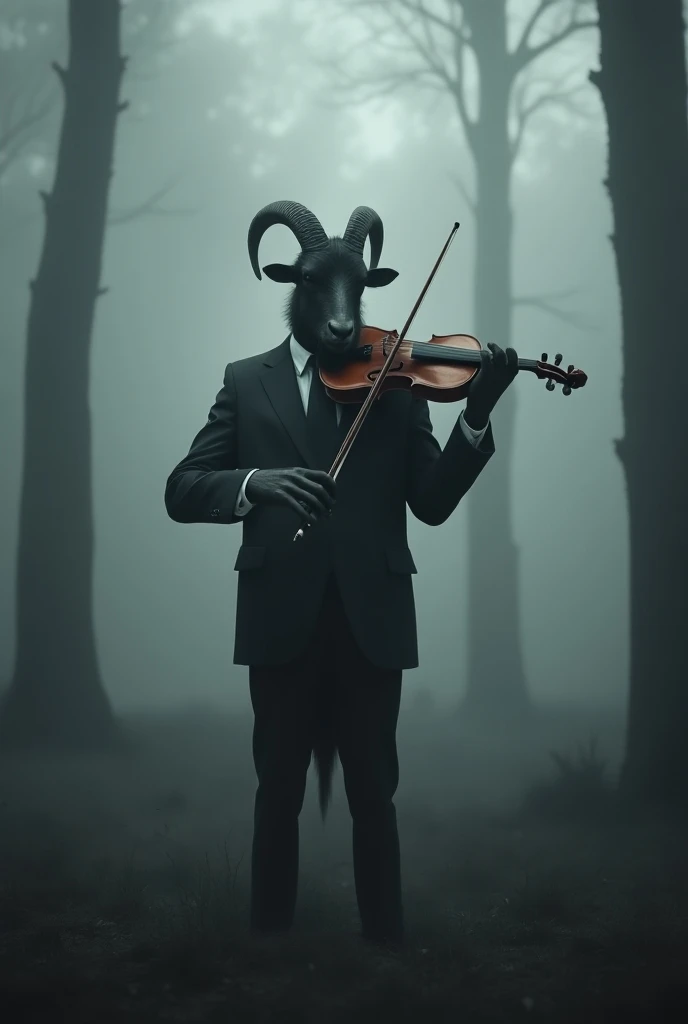 A standing black goat, suit, gray forest, foggy atmosphere, playing a violin, scary, scary, night, 8k graphics, grayscale, dark atmosphere, vintage