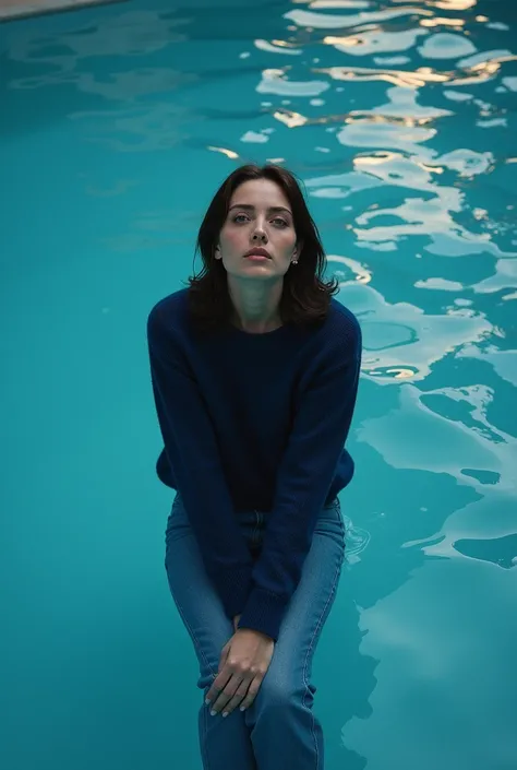 Une femme brune assise sous leau tout au fond de le piscine, elle regarde vers le haut, on la voit à travers les reflets de leau, elle porte un jeans et un pull en laine bleu marine
