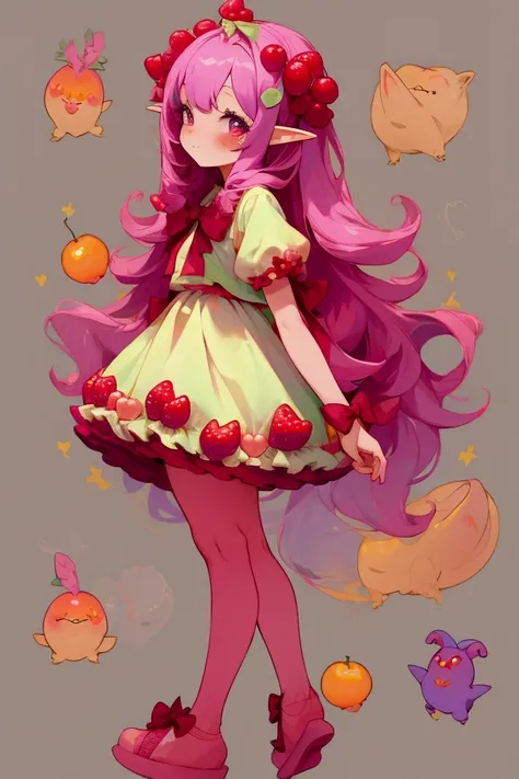 a cute beautiful berry fruit themed full body goblin girl with bows in her hair
