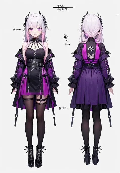 ((Gothic Punk))Adult female, Alone, smile,   open your mouth slightly , (Long Hair),   purple eyes, Pink Eyes, ((   body harness  )),  oversized jacket ,One-piece dress with a hidden neck and visible chest, white simple background, Setting diagram, (  whit...