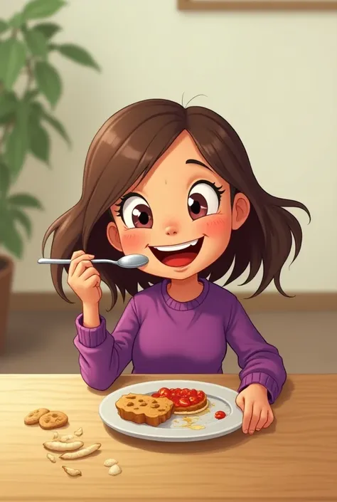 cartoon girl brown hair with purple clothes eating  on a table with spoon on her mouth