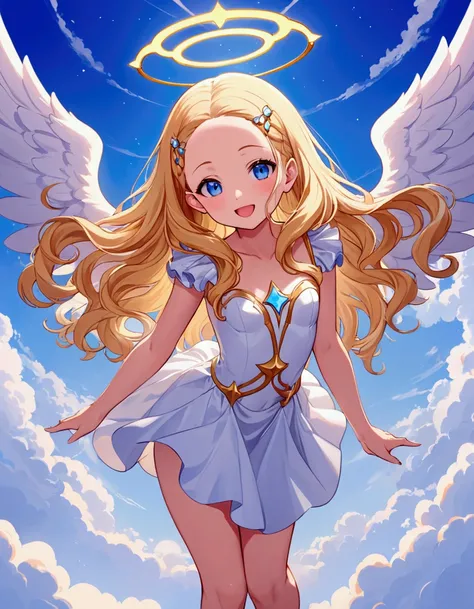 (masterpiece)(best quality)(ultra detailed)(high resolution),petite 1girl, blonde hair long hair wave hair, (forehead)(hairpin in center parted bangs),blue eyes, one eye closed, glamorous body, smile, open mouth, angel costume, knee-length tight skirt, sta...