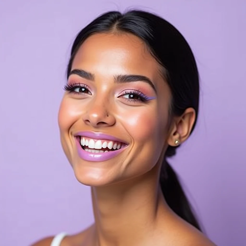 "A joyful 25-year-old Hispanic woman with medium skin tone, wearing a soft lavender lip gloss that adds a unique, modern twist to her look. Her makeup is light and cohesive, with pastel pink and lavender tones on her eyelids, softly blended for an ethereal...