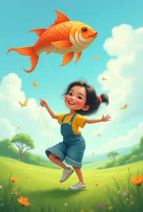 Caricature 4D,  A beautiful Indonesian girl , big head, yellow shirt ,  jeans jumpsuit , sneakers,  playing kite on the field,  big fish-shaped kite ,  girl smiling at camera , detail UHD 16k 