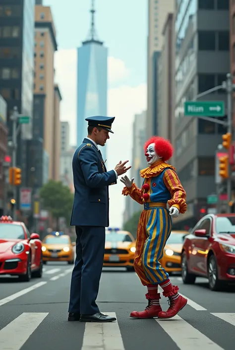 Traffic agent directing traffic while there is a clown dancing in the middle of the street.