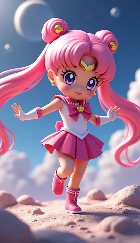  Sailor Chibi Moon、、 pink sailor style combat uniform、The background is the moon、 fighting pose 、 real、 digital art 、3d、 pink long hair 、 twin tails、pink long boots 、Golden buckle、