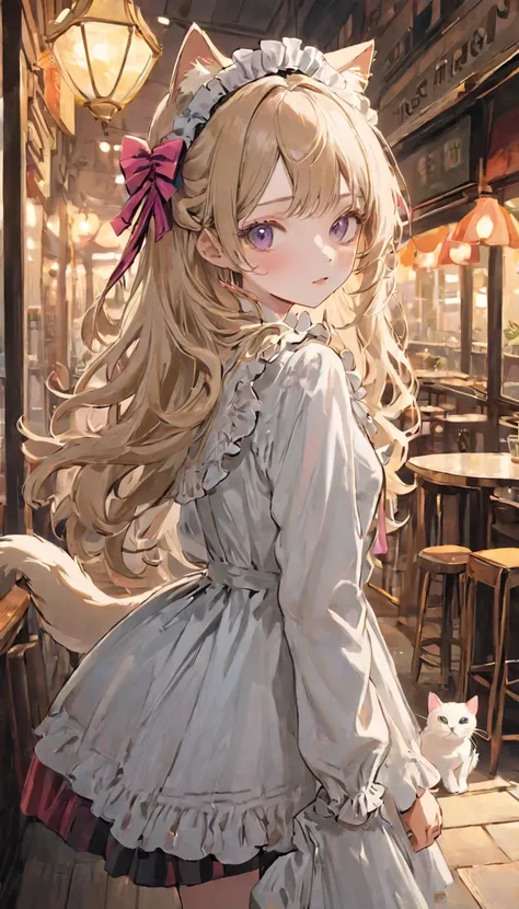 (Top quality masterpiece full body),1, Line art, Kind girl, thin, narrow, Long-term, 非常にThin face, The eyes are roughly drawn, Very long face , Very fluffy and curly、Intensive、Loose Flaxen Long Hair,  white and pink gothic fashion seen from below, (Cat ear...