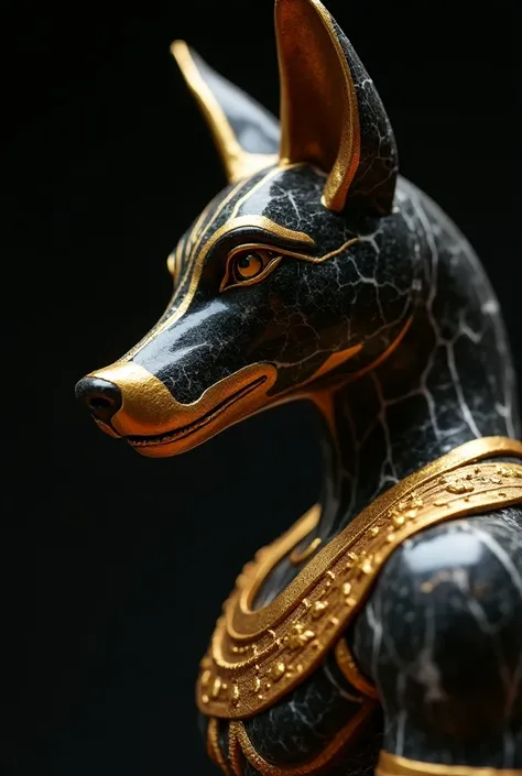 Anubis brand in close-up half profile made of gold and black marble