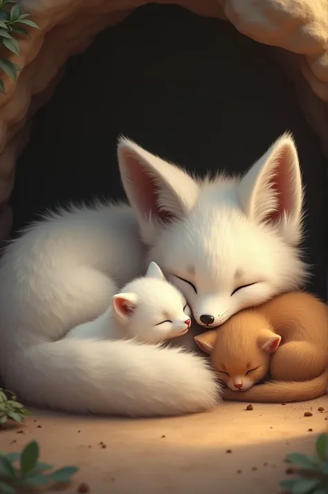 A kind white fox sleep a brown kitten and two white little fox in a cave ai image