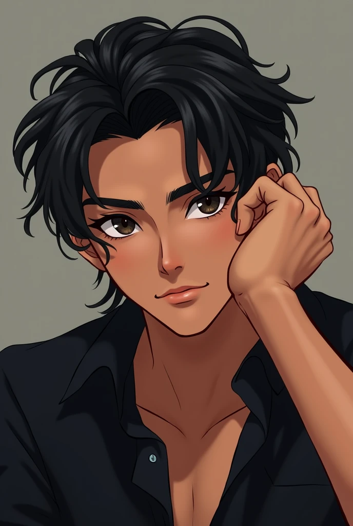 Young handsome animated man with black hair and black deep eyes. Resting his head on one hand tilting it to the right side