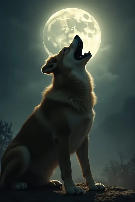 Dog barking at the realistic moon Jesus behind the Dog  