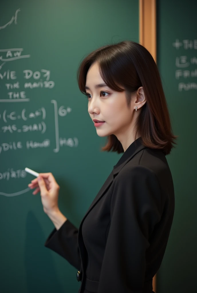 Perfect composition, Proper placement, extreme close up, ( Japanese woman described in front of the blackboard), Slender Japanese women ,  fine skin details  ,  atomically accurate fingers  , Ample breasts:1.5,  has a small head ,  cute face, Brown Hair,  ...