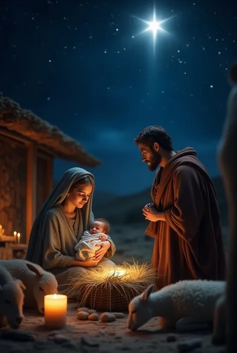 Imagine a peaceful nighttime setting in a modest stable in Bethlehem, with soft, warm candlelight illuminating the scene. Mary is seated, holding baby Jesus in her arms, wrapped in simple cloth. She has an expression of calm reverence and joy. Joseph is ne...